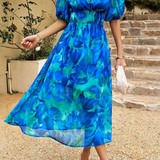 Elegante Vestido Midi Floral de Fiesta con Mangas Abullonadas