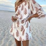 Vestido mini estampado de un solo hombro para mujer con diseño de mangas abullonadas