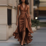 Vestido de Noche de Satén – Elegancia Formal con Escote en V y Hombros Descubiertos