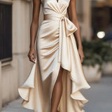 Vestido de Noche de Satén – Elegancia Formal con Escote en V y Hombros Descubiertos