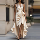 Vestido de Noche de Satén – Elegancia Formal con Escote en V y Hombros Descubiertos
