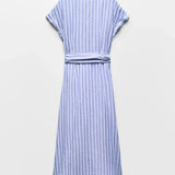 Vestido Maxi de Mezcla de Lino a Rayas con Cinturón