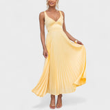 Aby - Vestido maxi plisado amarillo con escote en V