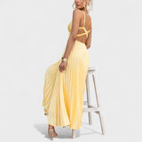 Aby - Vestido maxi plisado amarillo con escote en V