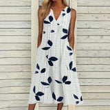 Vestido Maxi con Estampado de Hojas – Elegante Escote en V Sin Mangas para Verano