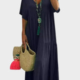 Linnea – Vestido maxi suave con volantes y escote en forma de V
