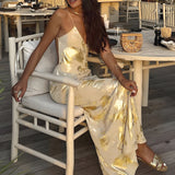 Elegante Vestido Maxi de Invitada de Boda Amarillo y Dorado