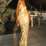 Elegante Vestido Maxi de Invitada de Boda Amarillo y Dorado
