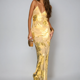 Elegante Vestido Maxi de Invitada de Boda Amarillo y Dorado