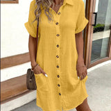 Vestido camisero de manga corta con botones y bolsillos delanteros para mujer