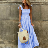 Vestido Maxi de Gingham con Mangas Volantes para el Verano
