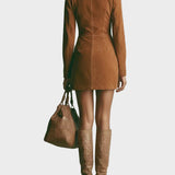 Vestido Mini de Ante Sintético Marrón con Cuello Alto y Cremallera