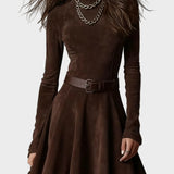 Vestido Vintage de Ante Marrón Oscuro con Cuello Alto