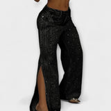 Nola - Pantalones de tiro alto con piedras y botones laterales