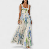 Penélope™ | Vestido maxi de chiffon con flores fruncidas