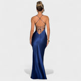 Elena - Vestido cruzado de satén azul