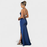 Elena - Vestido cruzado de satén azul
