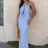 Vestido Maxi de Cuello Halter – Vestido de Noche Elegante y Drapado para Mujeres