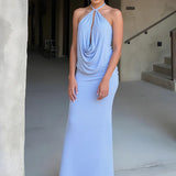 Vestido Maxi de Cuello Halter – Vestido de Noche Elegante y Drapado para Mujeres