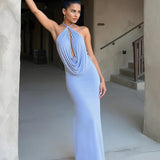 Vestido Maxi de Cuello Halter – Vestido de Noche Elegante y Drapado para Mujeres