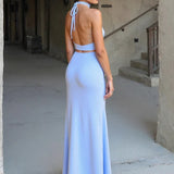 Vestido Maxi de Cuello Halter – Vestido de Noche Elegante y Drapado para Mujeres