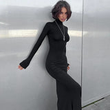 Vestido Maxi de Cuello Alto de Manga Larga Negro Formal