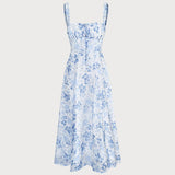 Renata | Vestido Midi Azul con Estampado Floral, Escote Cuadrado y Fruncidos