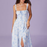 Renata | Midi azul con estampado floral, escote cuadrado y detalles fruncidos