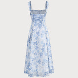 Renata | Midi azul con estampado floral, escote cuadrado y detalles fruncidos