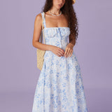 Renata | Vestido Midi Azul con Estampado Floral, Escote Cuadrado y Fruncidos