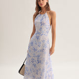 Clarice | Vestido midi azul con estampado floral y escote halter