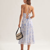 Clarice | Vestido Midi Floral Azul con Escote Halter
