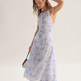 Clarice | Vestido Midi Floral Azul con Escote Halter